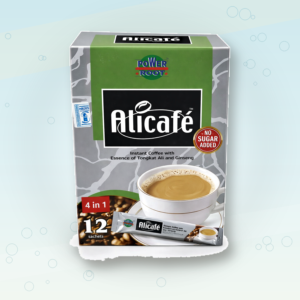Alicafe Power Root 4 in 1 Instant Coffee Mix with Tongkat Ali and Ginseng, No Sugar Added Herbal Energy Coffee, Malaysian Premium Instant Coffee Sachets, Strong Smooth Coffee Drink, Travel Friendly Single Serve Pack, 12 Sachets