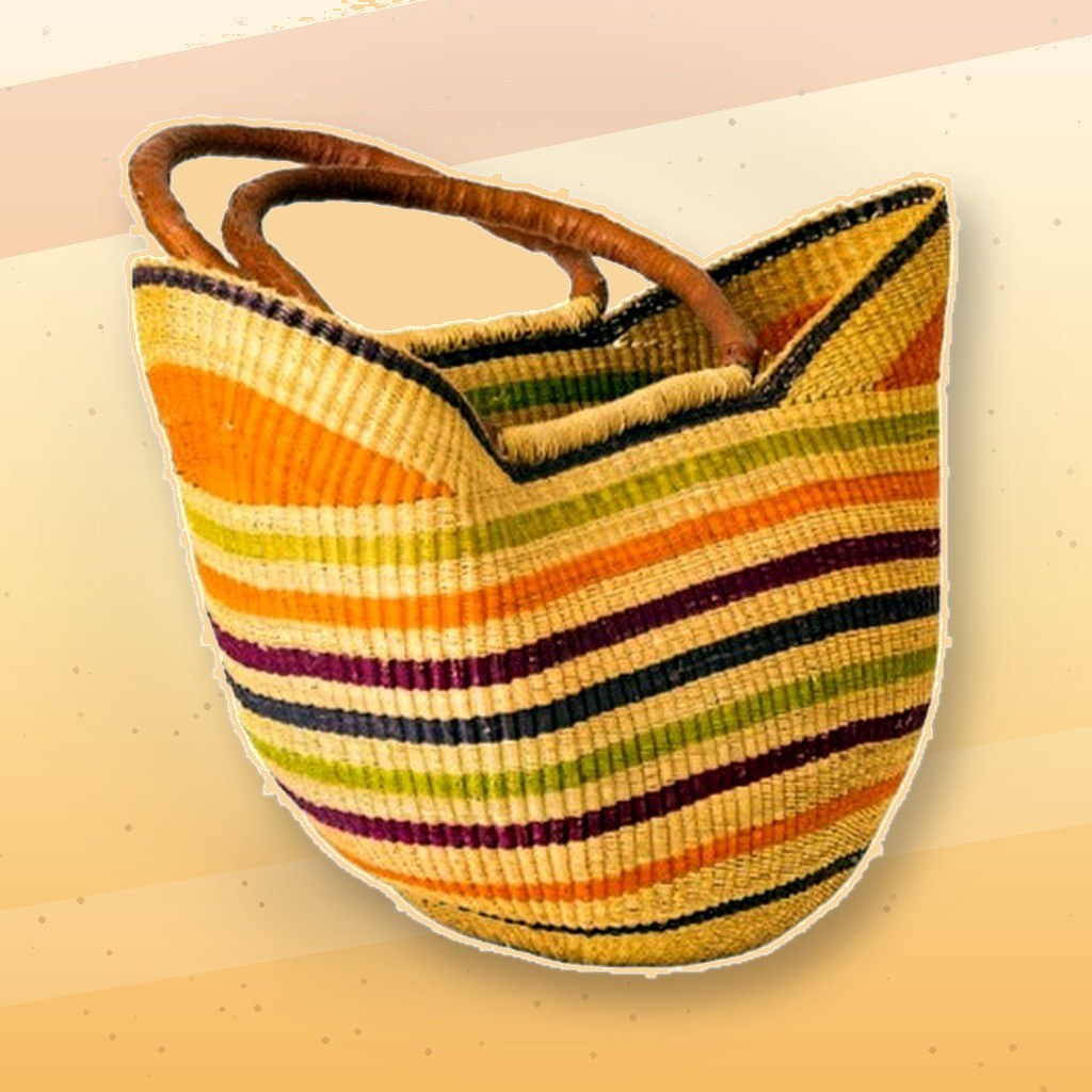 African Colorful Hand Woven Raffia Basket Bag from Ghana - Beach Bag