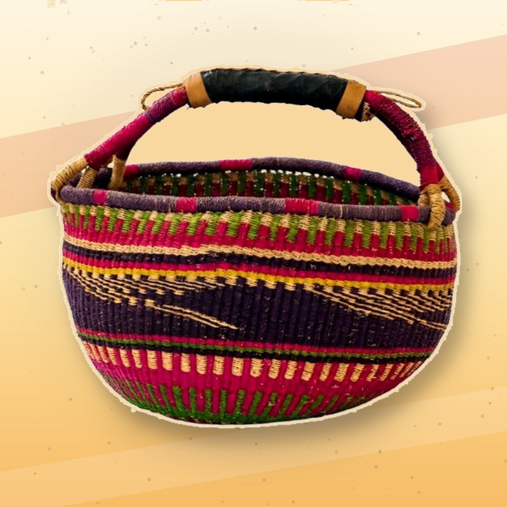 African Colorful Hand Woven Raffia Basket Bag from Ghana - Easy Grip Handle