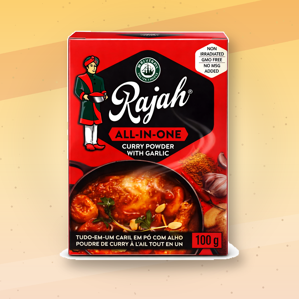 Rajah All-In-One Curry Powder with Garlic 100g | Authentic Indian Curry Spice Blend | Ready-to-Use Curry Masala | No MSG | Non-Irradiated | GMO Free | For Chicken, Meat, Vegetables & Vegan Dishes